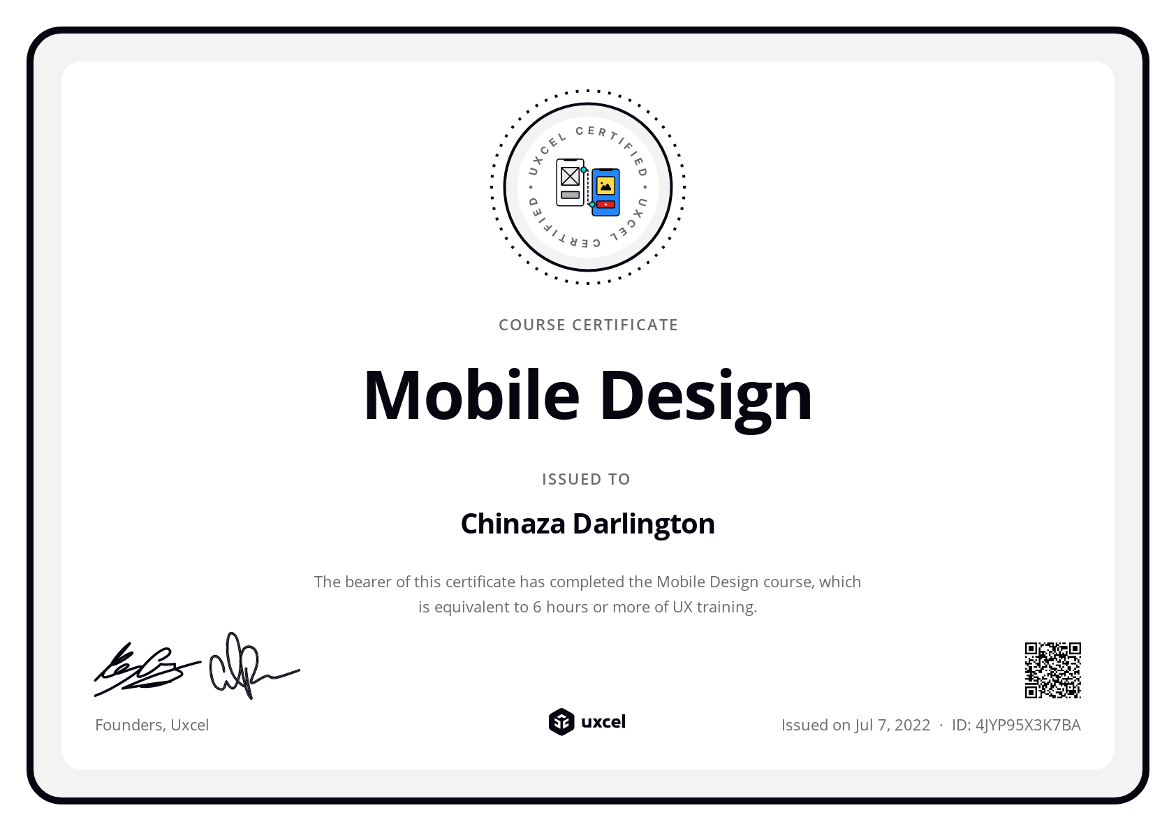 Chinaza Darlington's certificate